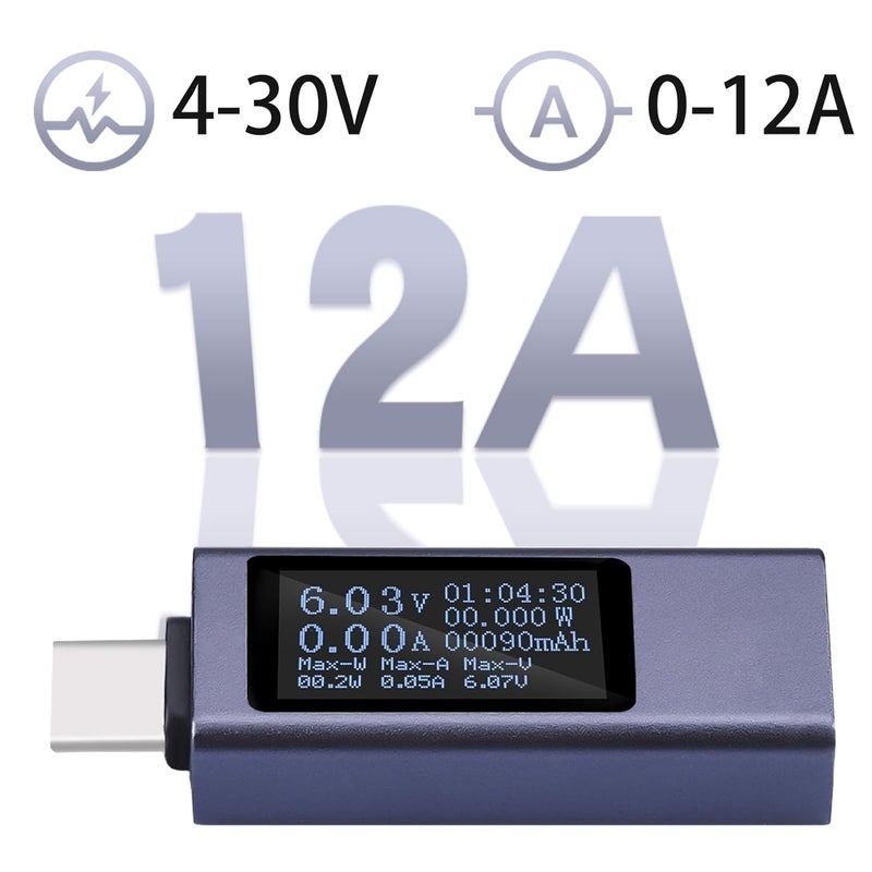 diymore USB C Power Meter, USB C Tester Power Meter,Type C Voltage and Current Tester Meter, Power Bank Capacity,Working Time Ammeter Voltmeter USB Cable Charger Detector LED Display, Gray - Image 2